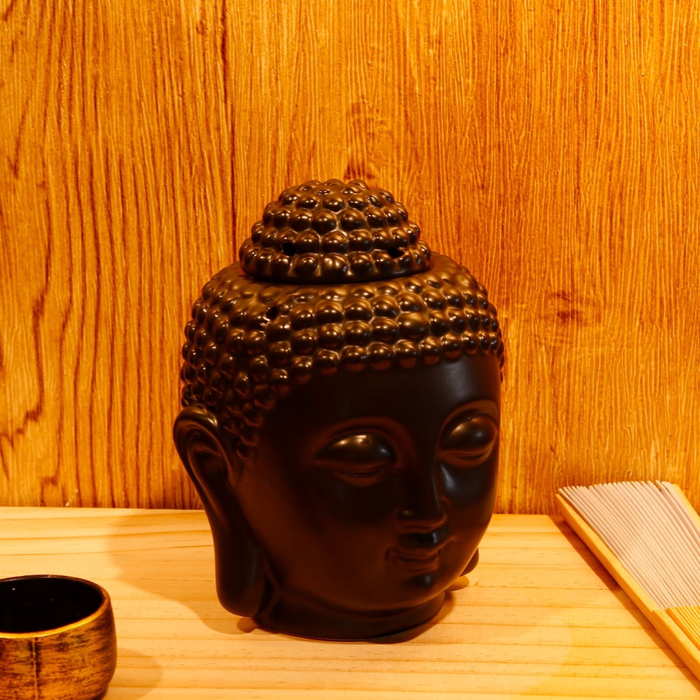 Omonic Porcelain Zen Garden Yoga Meditation Black Thai Buddha Head Statue Essential Oil Burner Home Decor (Black)