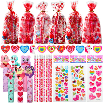 JOYIN 24packs Valentines Day Stationery Gifts, 96pcs Party Favor with Pencil, Erasers, Notebook & Bags for Kids School Classroom Exchange Supplies