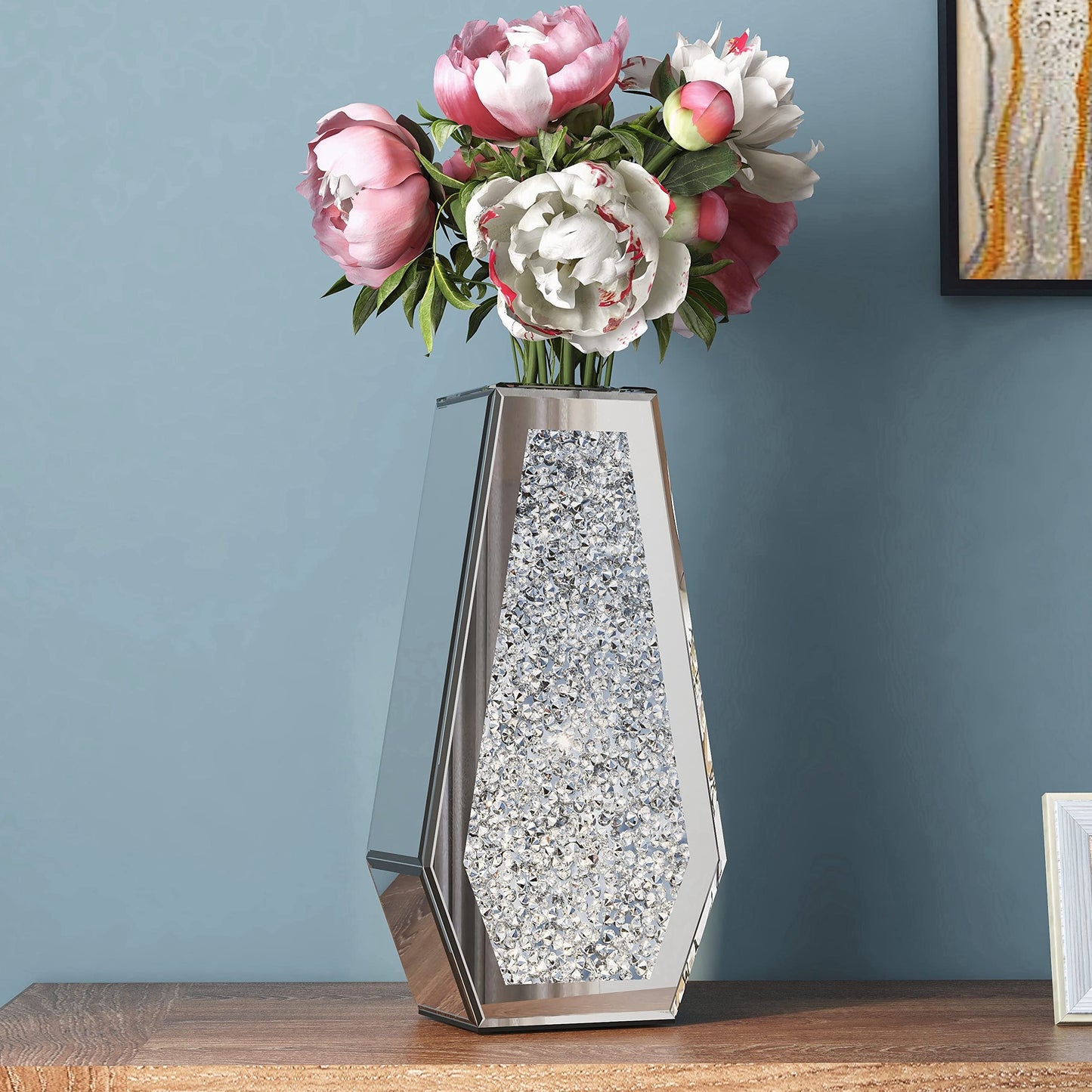 Crushed Diamond Mirrored Flower Vase Large Glass Vase Modern Crystal Decorative Mirror Vases Stunning Luxury Tall Floor Vase for Centerpieces Flowers Home Decor, Silver, 14" H. Can’t Hold Water.