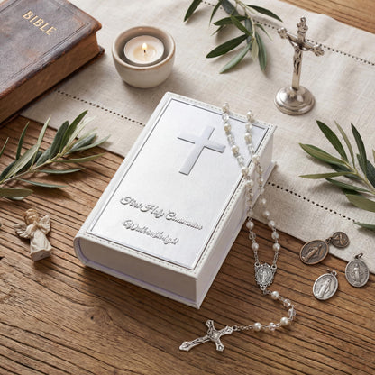 Liliaafar First Communion Rosary Beads Necklace Gifts with Engraved Keepsake Gift Box 20.5 Inch Stainless Steel Glass Beads Catholic Rosary with Cross for First Holy Communion