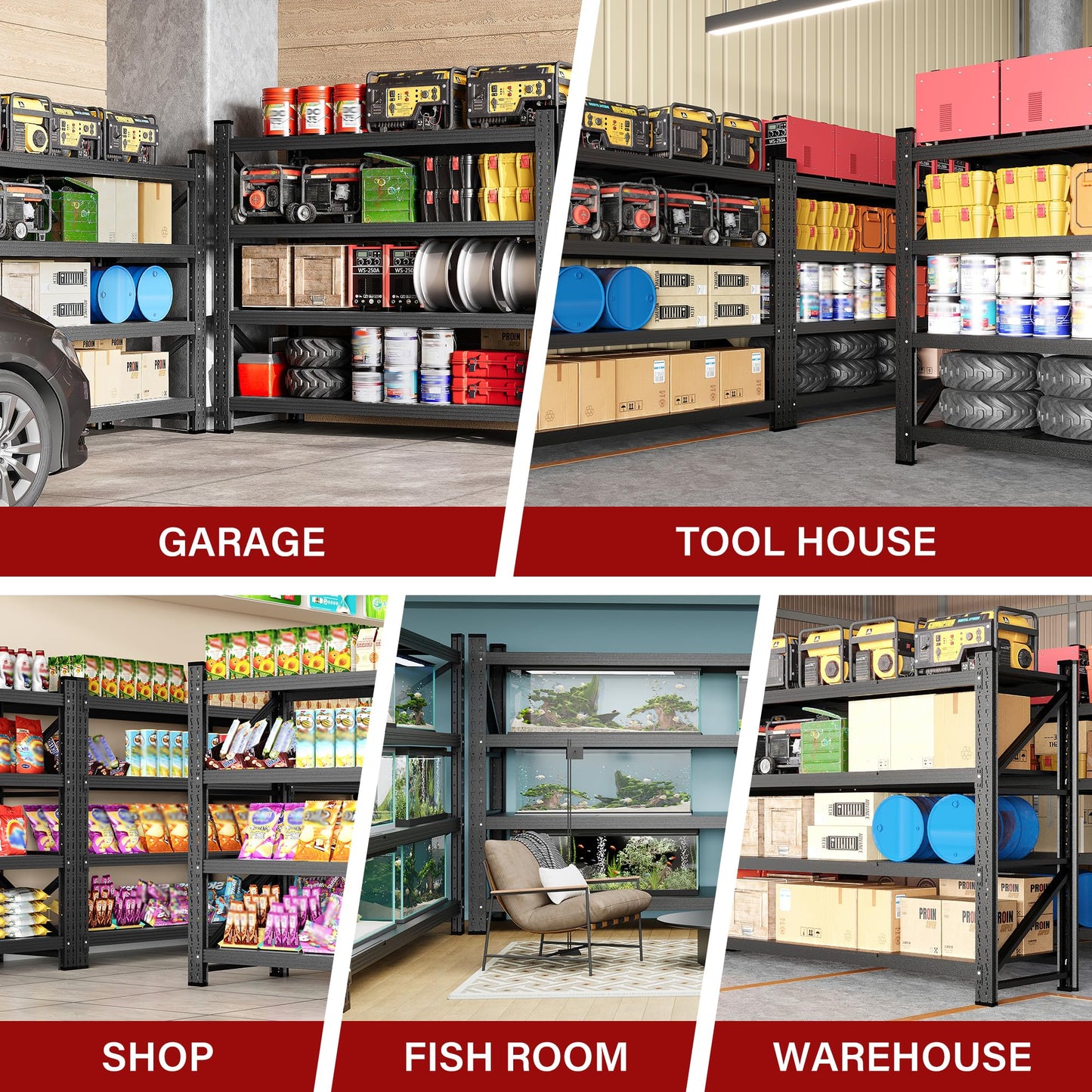 71.3" Wide Heavy Duty Garage Shelving Units,5000LBS Deep Storage Shelves,Black Metal Garage Shelves,Steel Shelf,Large Storage Rack,Industrial Shelving for Shop,Warehouse,Basement,71.3"W x 24"D x 70"H