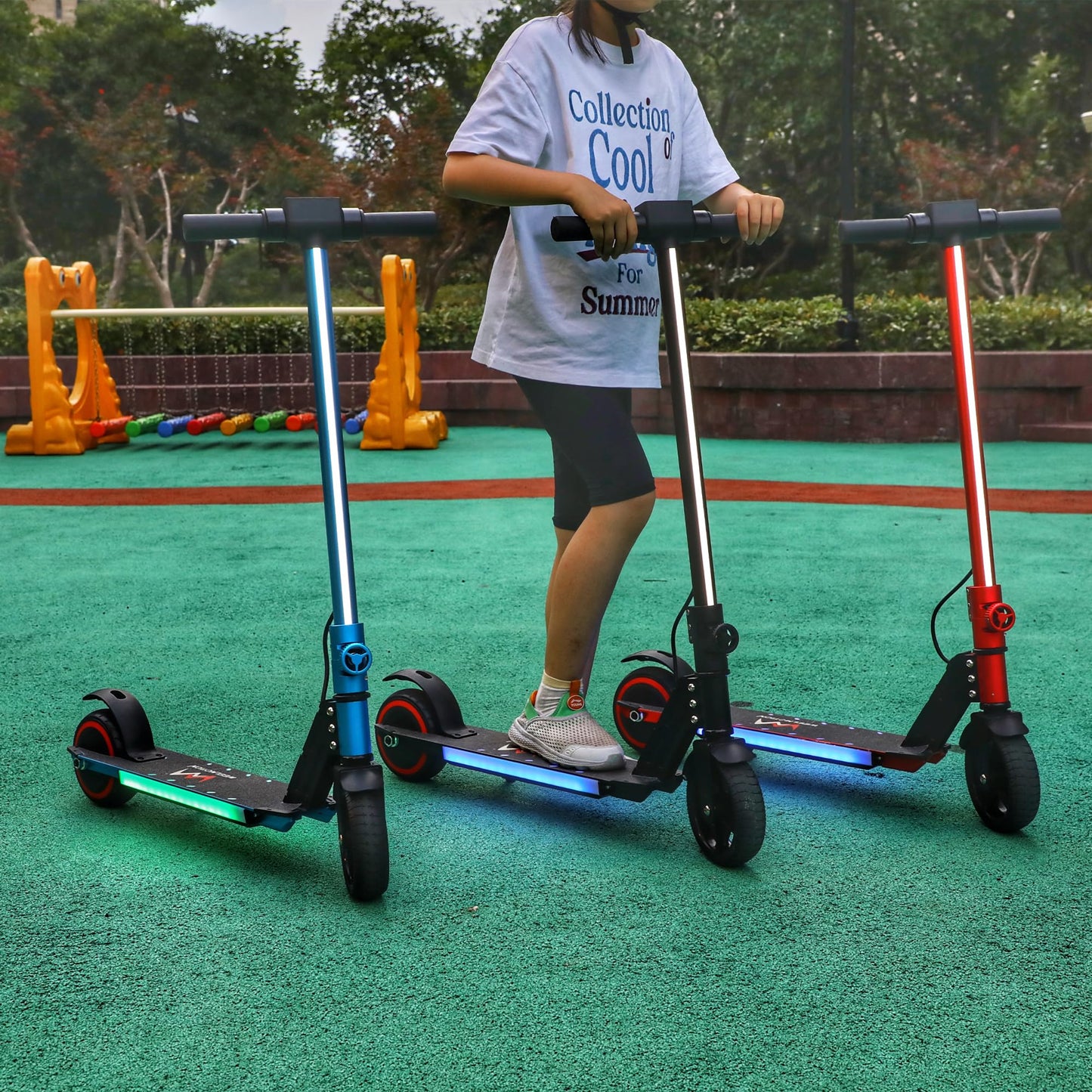 WEELMOTION Foldable Electric Scooter for Kids, with Head Lights, Bright Front Bar Lights, Shining Pedal, LED Display, Dual Brakes 150W Motor Kids Electric Scooter, UL2272 Approved Blue