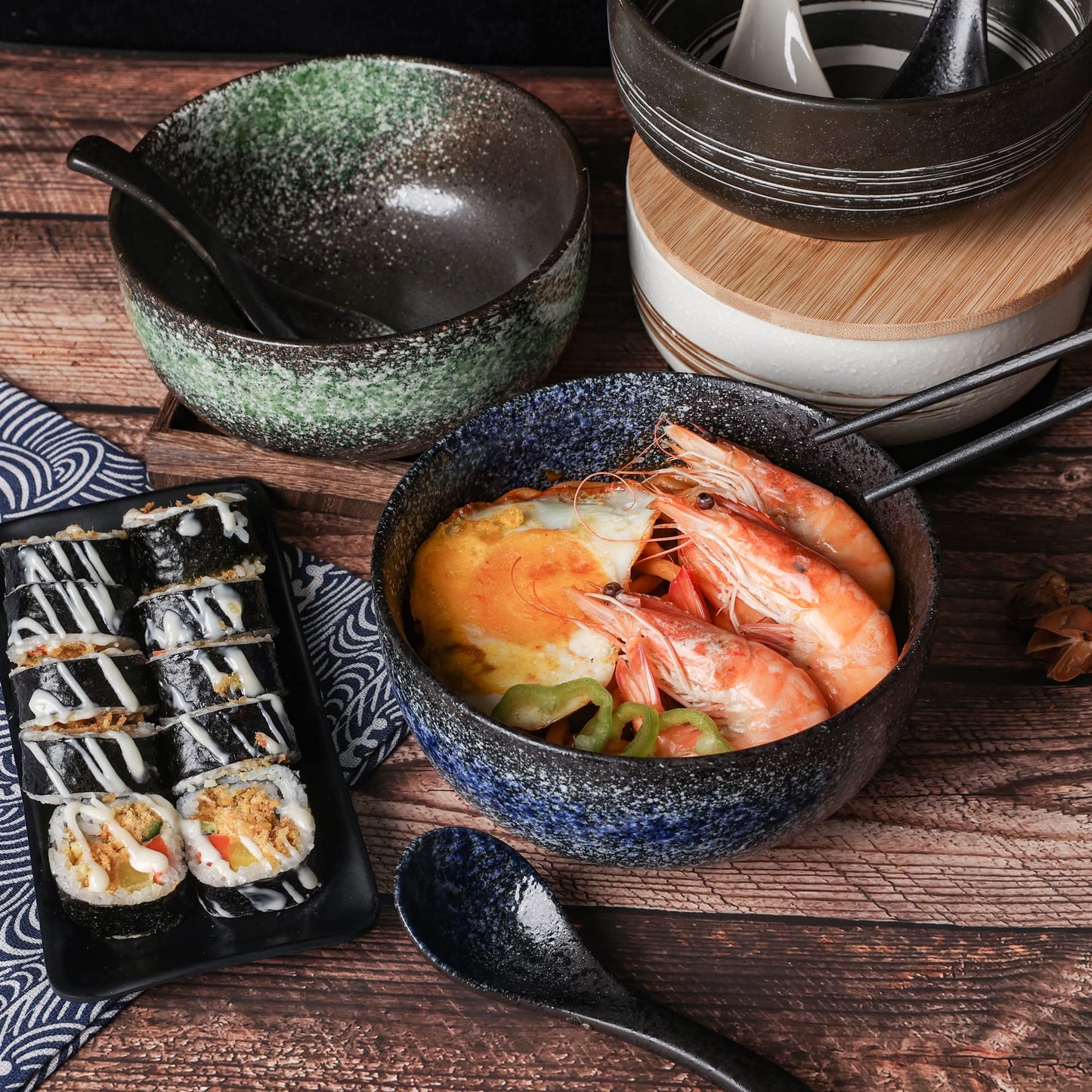 Cteaffee Ceramic Ramen Bowl Set, 38 OZ, Japanese Style, Durable, Microwave & Dishwasher Safe, Includes Spoon & Chopsticks (6), Blue