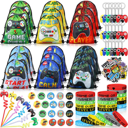 Sadnyy 140 Pcs Gaming Party Favors Video Game Birthday Decorations Supplies Drawstring Bags with Silicone Bracelets Keychains Straws Button Pins Stickers for Party Rewards Goodie Bags Stuffers