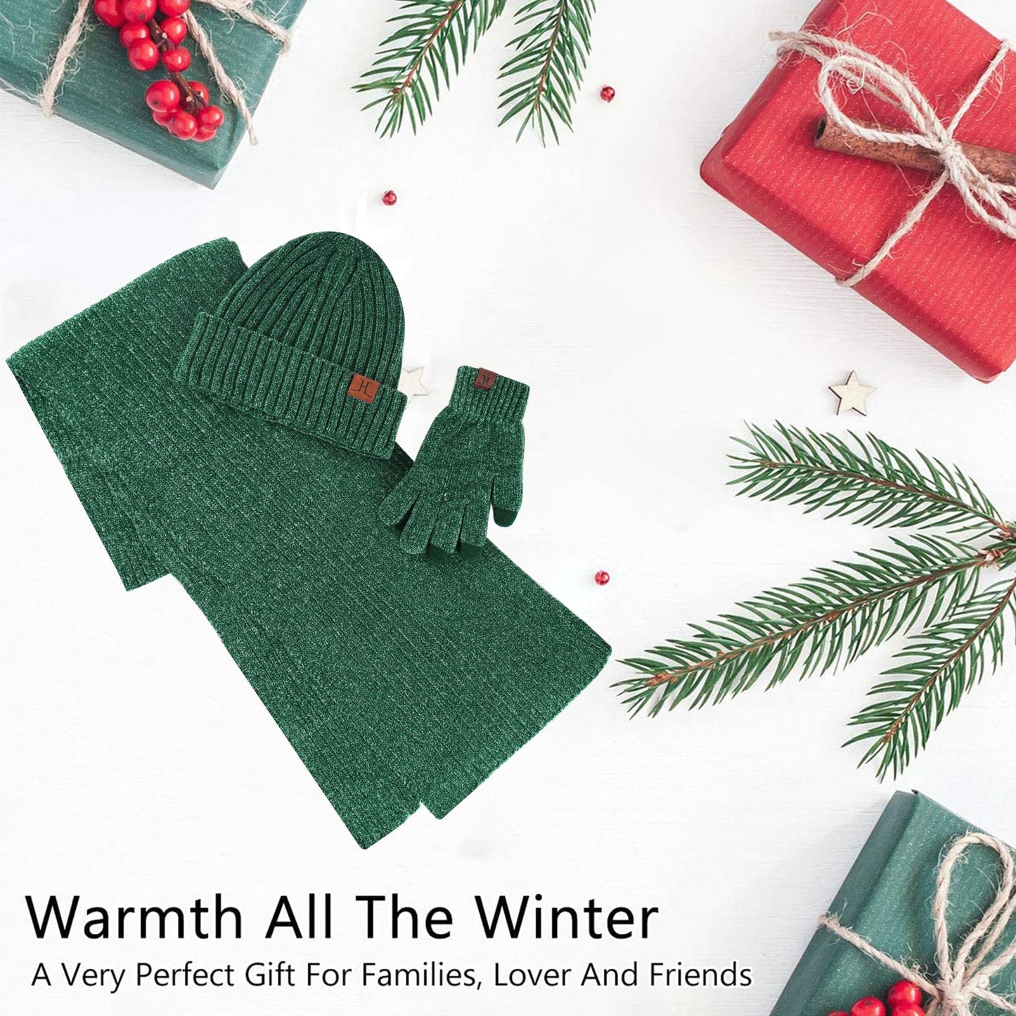 Womens Winter Knit Warm Hat Beanie Long Scarf Touch Screen Gloves Set Skull Caps Neck Scarves for Women Men Dark Green