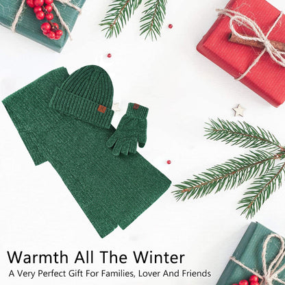 Womens Winter Knit Warm Hat Beanie Long Scarf Touch Screen Gloves Set Skull Caps Neck Scarves for Women Men Dark Green