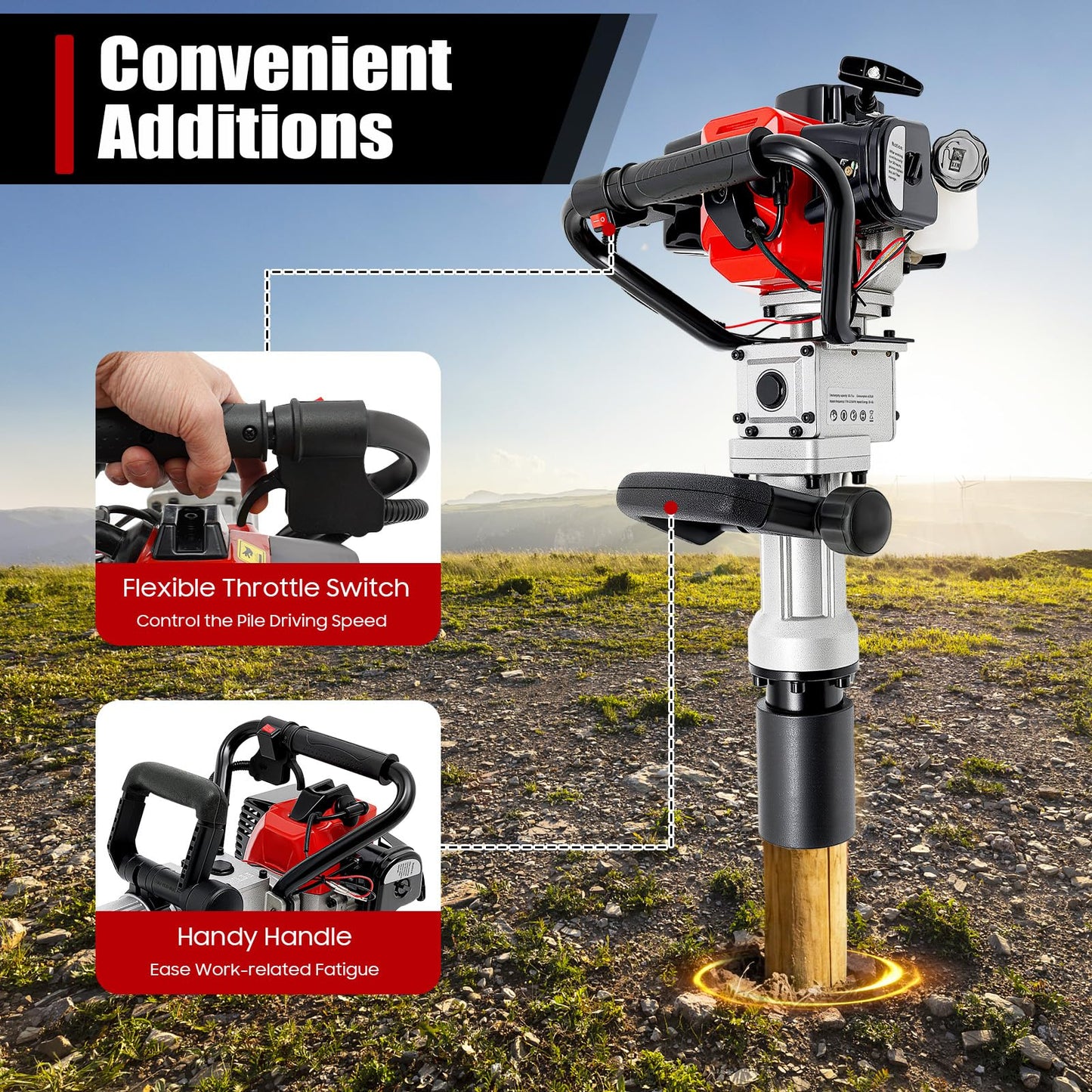 YIYIONCE 2-Stroke Gas Powered T Post Driver 32.7CC 1000W Gas Powered Pile Driver 2 In 1 Fence Post Driver with Air Cooled T Post Driver Hammer Drill with Conversion Head, Chisel & 2 Sleeves | US STOCK