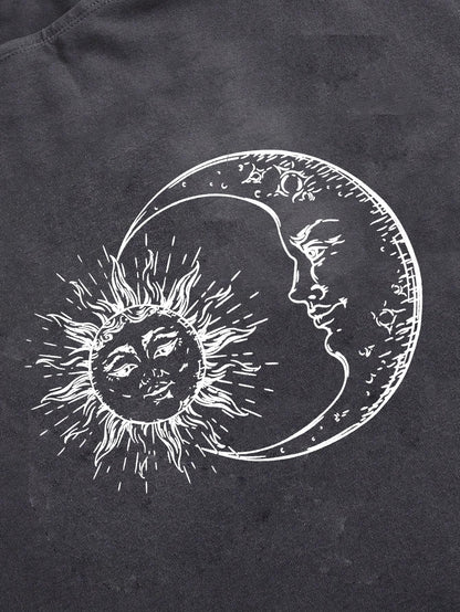 Remidoo Women's Off Shoulder Sun and Moon Graphic Crop Top Short Sleeve Loose Fit T Shirt Gray Gray Small