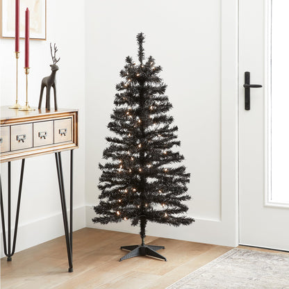 National Tree Company Pre-Lit Artificial Christmas Tree, Black Tinsel, White Lights, Includes Stand, 4 feet