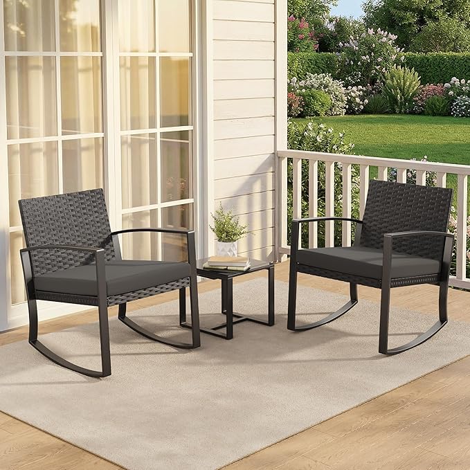 3 Pieces Patio Furniture Set Rocking Bistro Set, Outdoor Patio Furniture Set with Coffee Table for Garden Balcony Backyard Poolside (Black Cushion)