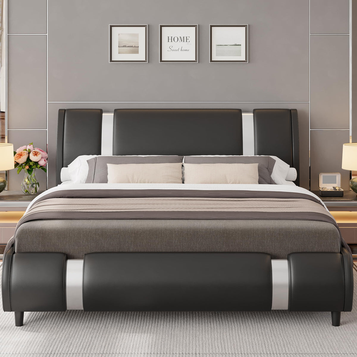 Keyluv Modern Queen Size Bed Frame with Mirror Metal Decoration, Faux Leather Upholstered Platform Bed with Curved Headboard, Wooden Slats Support, No Box Spring Needed, Black