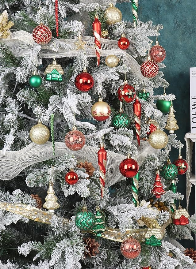 124Ct Red Green and Gold Christmas Ornaments for Tree Set, Shatterproof Assorted Christmas Decorations for Xmas Tree Snowflake Icicle House Ball Ornaments Baubles for Holiday Decor（Red Green Gold）