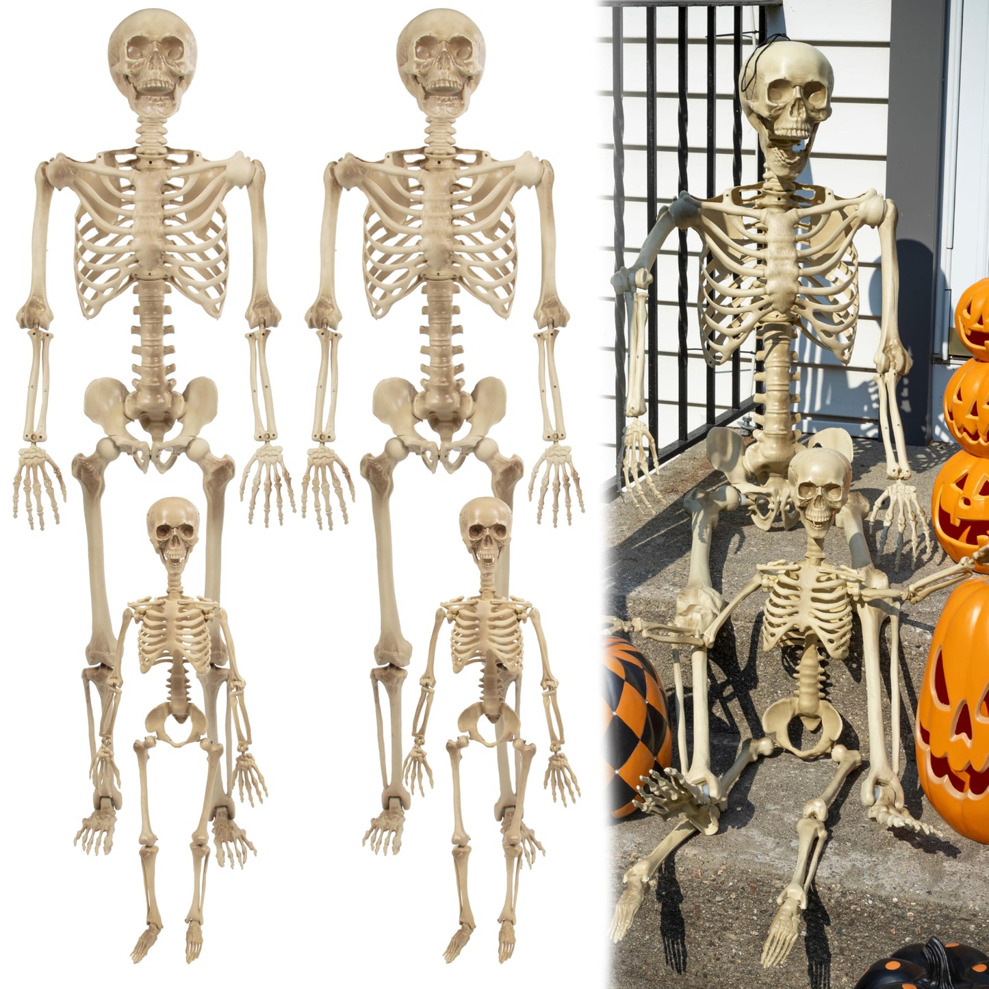 Posable Life Size Human Skeleton Family 4pk- 2 Adult (5'4") & 2 Children (2')- Halloween Prop Indoor Outdoor Decorations w Bending Articulated Bones