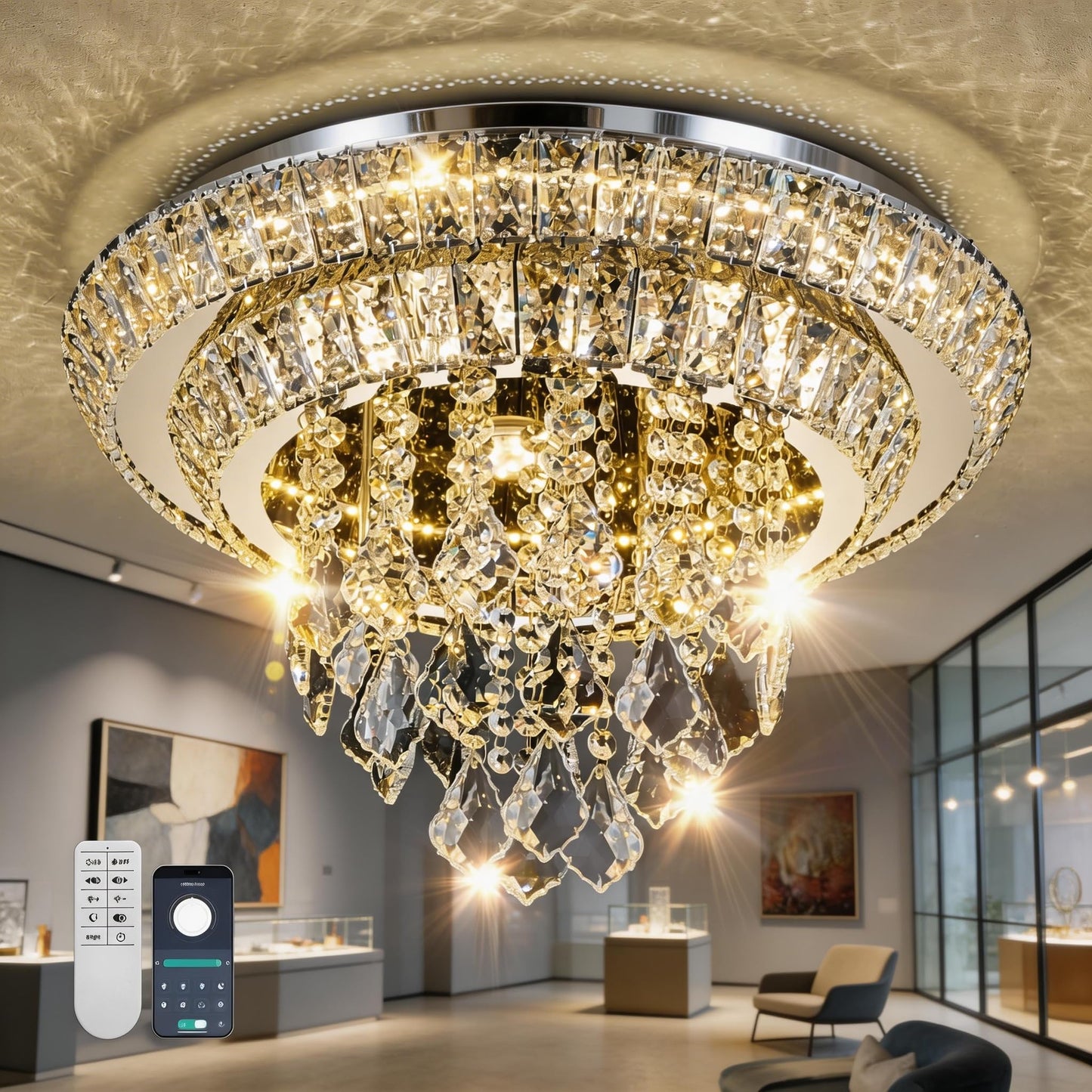 OSGNER 18" Sliver Modern Chandelier with Remote/APP,Flush Mount Crystal Ceiling Light,3-Color LED Dimmable for Living Room Kitchen Dining Room Hallway -Luxury Raindrop Style