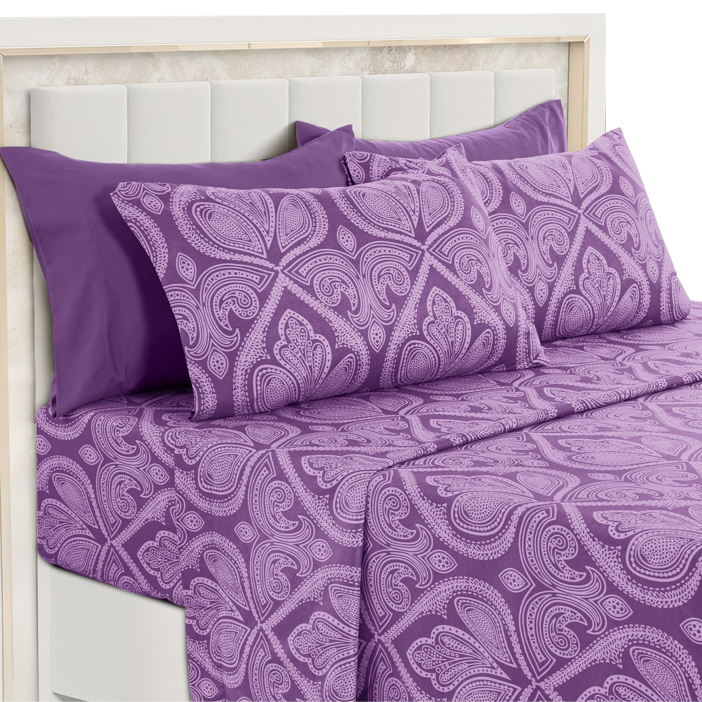 Ultra Soft Wrinkle-Free Microfiber Paisley Queen Sheet Set, Cute Floral Pattern Boho Print – 16" Deep Pocket Fitted Sheet, Flat Sheet & 4 Pillowcases, Breathable, OEKO-TEX - Purple