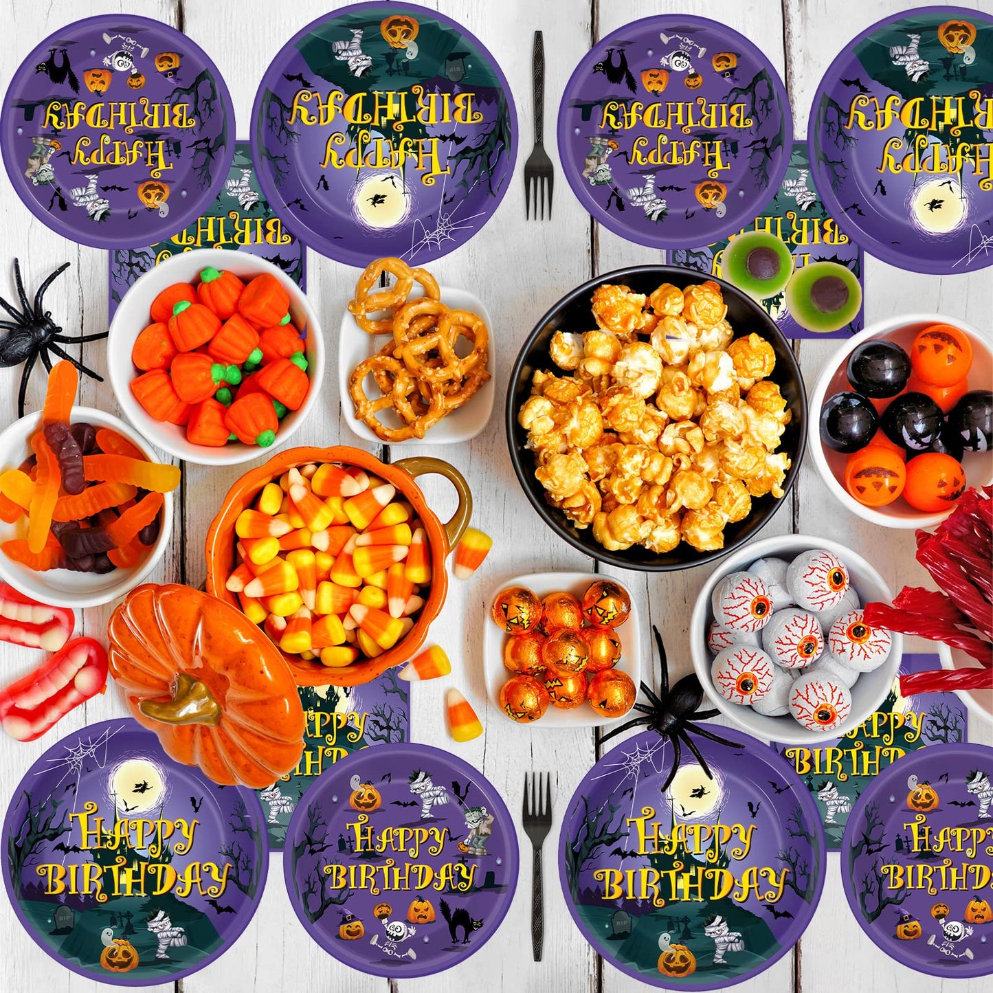 Tevxj 96PCS Happy Birthday Halloween Tableware Set Halloween Dinnerware Disposable Dessert Plates Birthday Party Plates Napkins Forks for Halloween Party Decorations Supplies 24 guests
