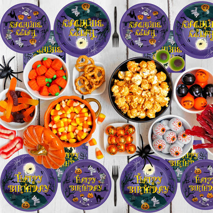 Tevxj 96PCS Happy Birthday Halloween Tableware Set Halloween Dinnerware Disposable Dessert Plates Birthday Party Plates Napkins Forks for Halloween Party Decorations Supplies 24 guests