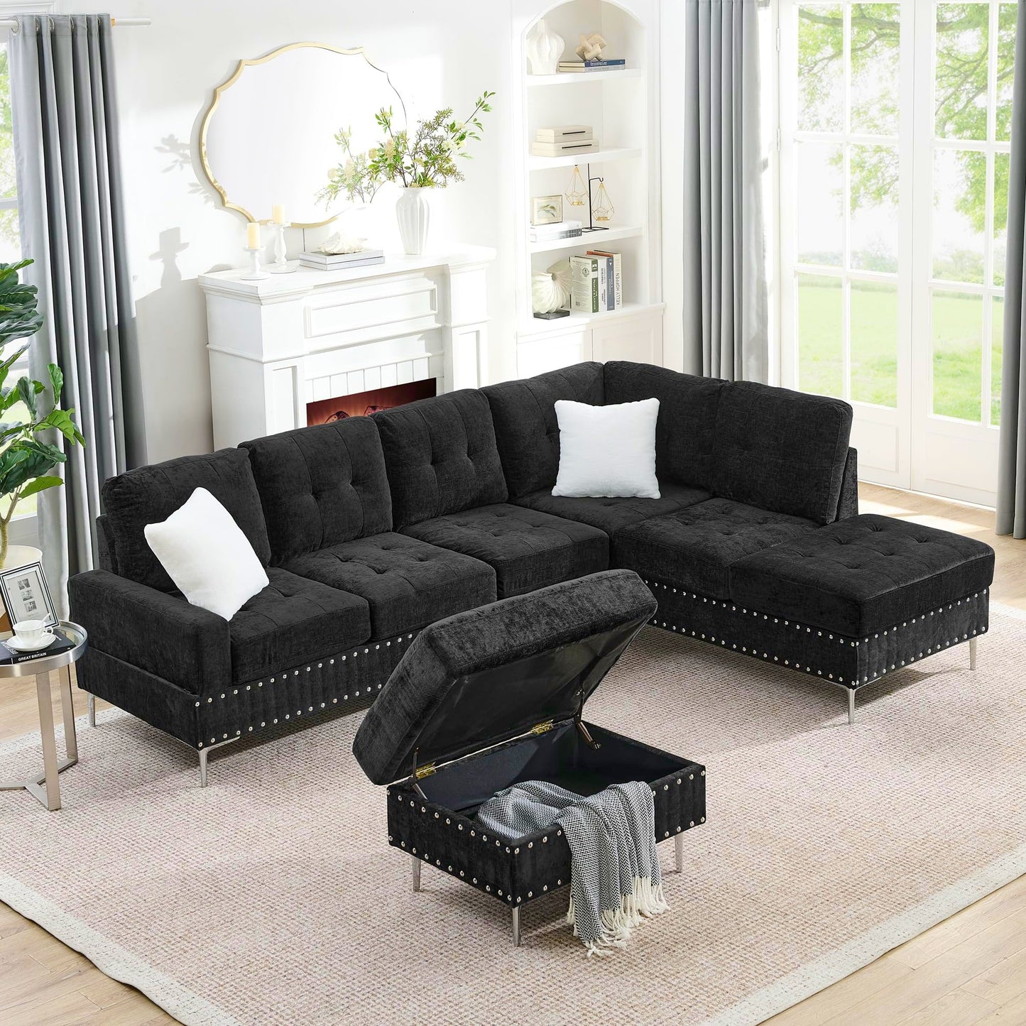 ERYE 102-Inch L-Shaped Corner Sectional Sofa Chenille Upholstered Tufted Corner Sofa Couch with Storage Ottoman and Nailhead Decor,Modern L-Shaped Convertible Couches