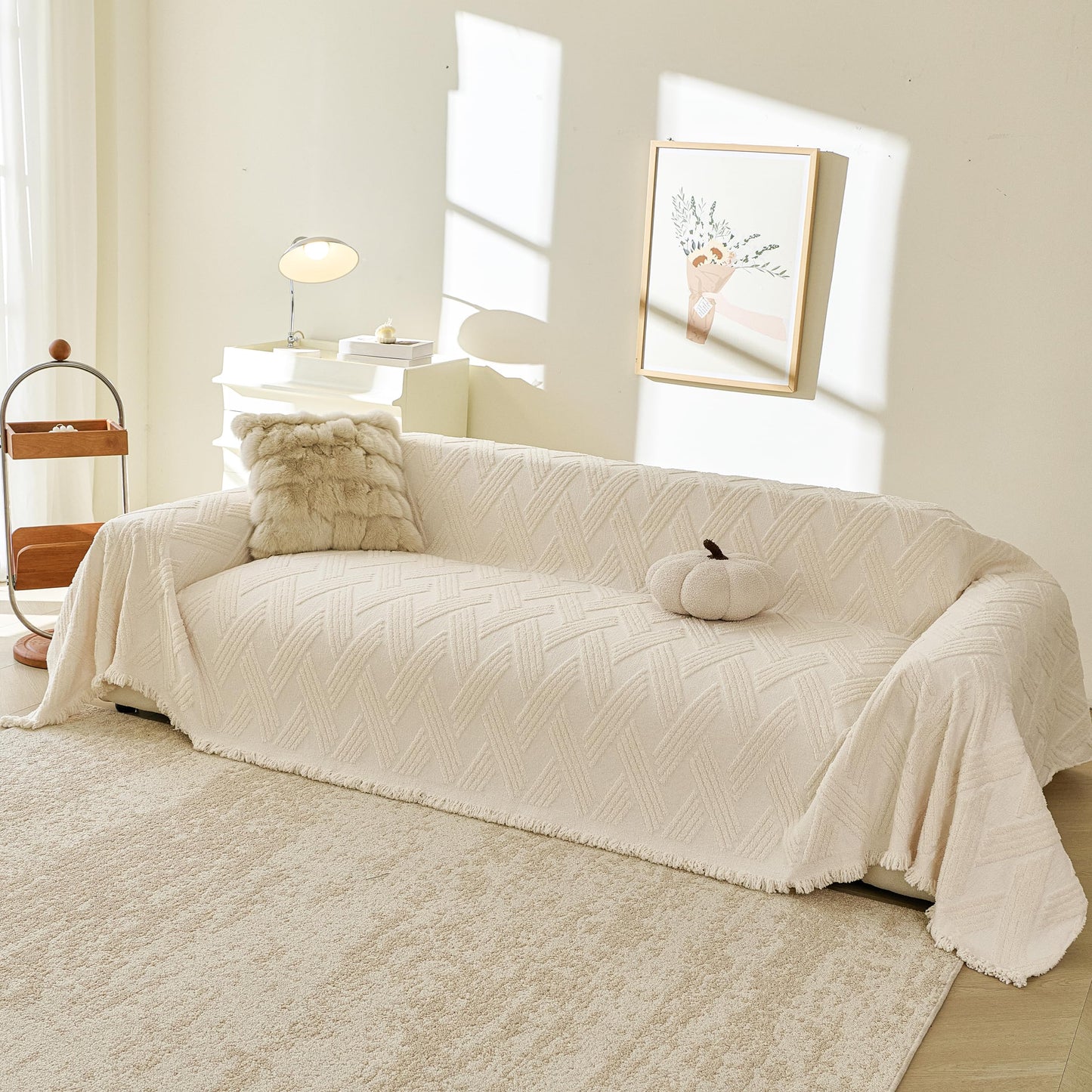 KaviKon Couch Covers for Dogs, Sofa Covers for 3 Cushion Couch, Plush Couch Blanket Cover Sectional Washable, Sofa Slipcover Protector, Slip Covers for Sofas High Weight Warm, Chevron Cream, 71" ×118"