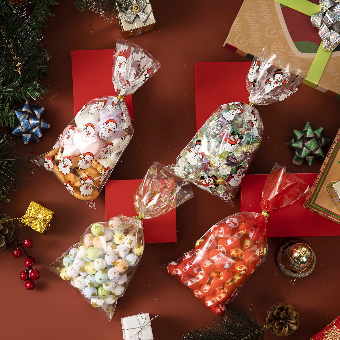 JOYIN 144 PCS Christmas Cellophane Bags with Ribbon for Holiday Treats, Christmas Clear Cello Gift Candy Cookie Bags for Party Favors, Festivals Presents, Party Supplies (11” X 5”)