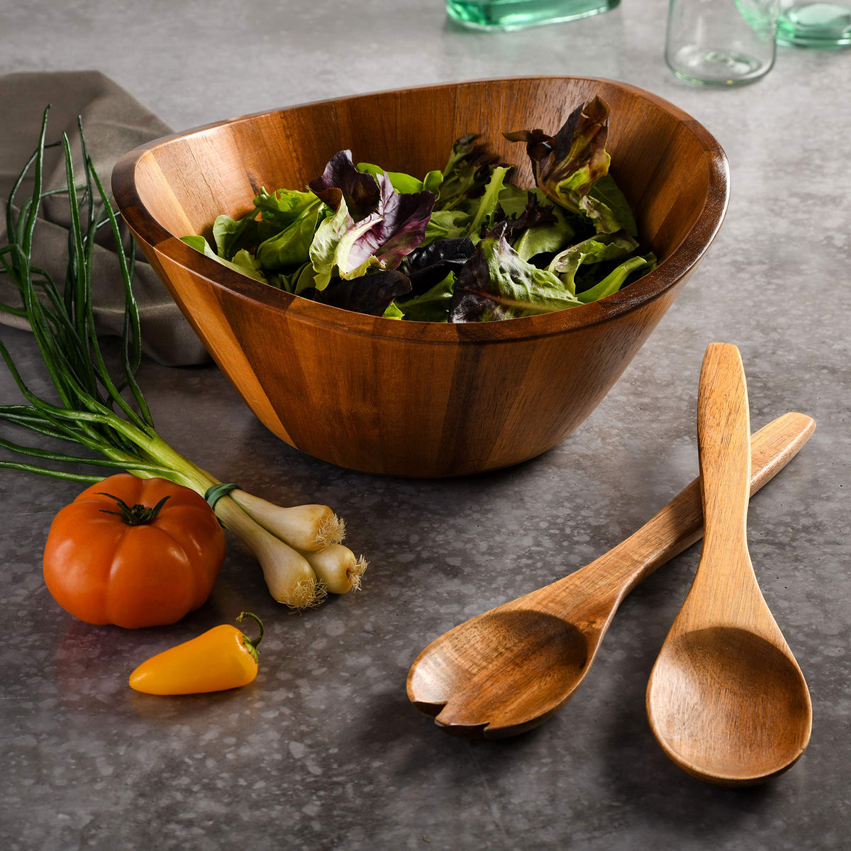Gibson Home Sherwood 3-Piece Acacia Wood Salad Bowl Set, 32 Quart Large Serving Bowls, Natural Finish, Durable & Eco-Friendly