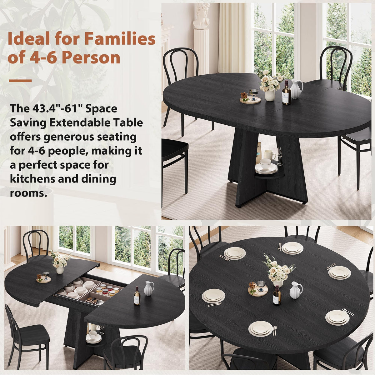 Extendable Dining Table, Round Kitchen Dining Room Dinner Table with for 4 6 8 People, Space Saving Modern Oval Expandale Furniture with Storage and Pedestal for Kitchen Living Room (Black)