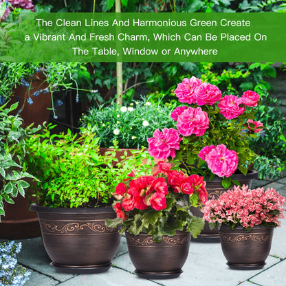 20cm-Plastic-Plant-Flower-Planters Indoor Outdoor, 6 Packs Lightweight Flower Pot With Drainage Hole & Saucer, Retro Antique Imitation Decorative Garden Pots For Houseplants