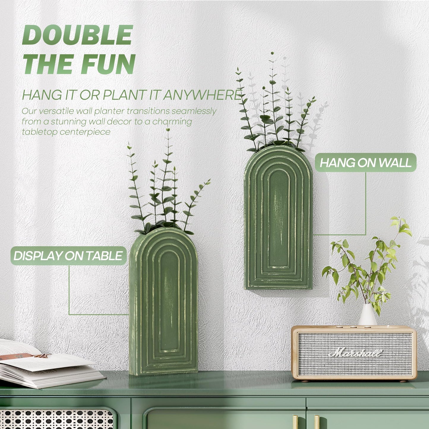 EOSAHR Pine Wood Wall Vases Set of 2 – Decorative Hanging Vases for Indoor Plants, Eucalyptus & Artificial Flowers – Best Boho Chic Decor Wall Art for Bathroom, Bedroom & Living Room (Green)