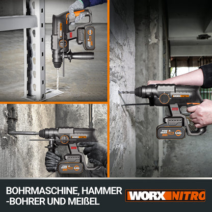 WORX Nitro 18V (20V MAX) Cordless Rotary Hammer Drill, PowerShare, Brushless Motor, SDS Plus, Max. Impact Energy 2.0 J, 3 Functions, Anti-Vibration, Bare Tool Only, WX381.9