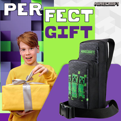 Minecraft Crossbody Bag for Boys Teens Creeper Sling Bag with Compartments Adjustable Strap Chest Bag for Travel Holidays Ideal for Phone Wallets Gamer Gifts (Black/Green)