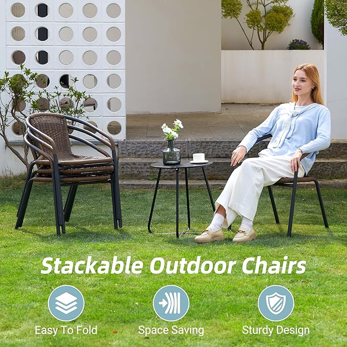 Amopatio Outdoor Dining Chairs Set of 4, Stackable Patio Chairs, Rattan Wicker Patio Dining Chairs Set of 4, Bistro, Deck, Yard, Porch, Brown
