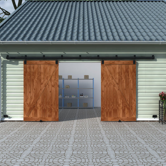 WEWORTH 14FT Black Box Rail Exterior Barn Door Hardware Track Kit for 2 Doors, Heavy Duty Barn Door Track Set, Wall Mount Outdoor Weatherproof Double Door Hardware with 7 Track Brackets(No Doors）