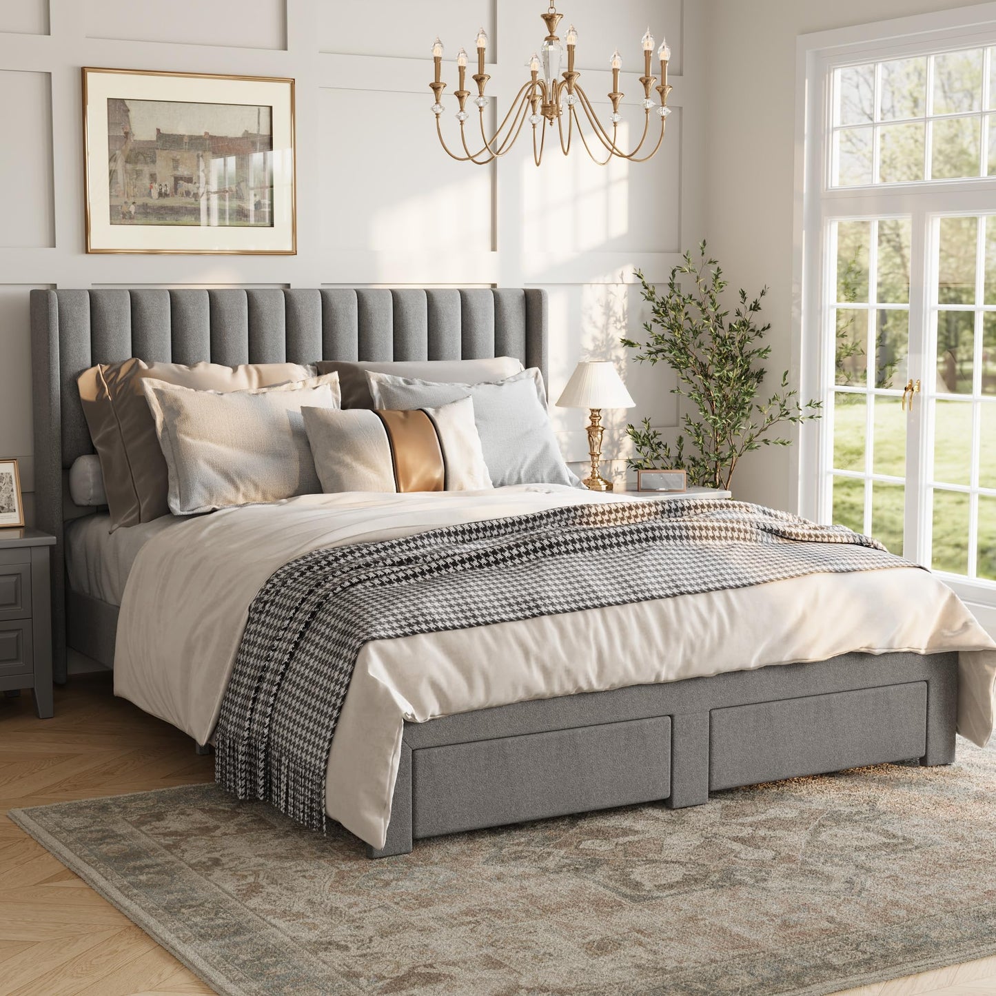 GarveeHome Queen Size Bed Frame, Bed Frame Upholstered Platform Bed with Velvet Headboard, Wing Edge Design, 2 Storage Drawers, No Box Spring Needed, Grey