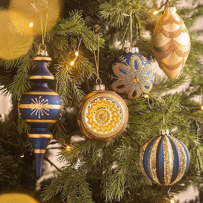 Valery Madelyn Glass Christmas Ornaments Set, 10ct Blue Gold Mercury Blown Glass Christmas Tree Ball Decorations, Luxury Hanging Teardrop Finial Faceted Reflector Decor