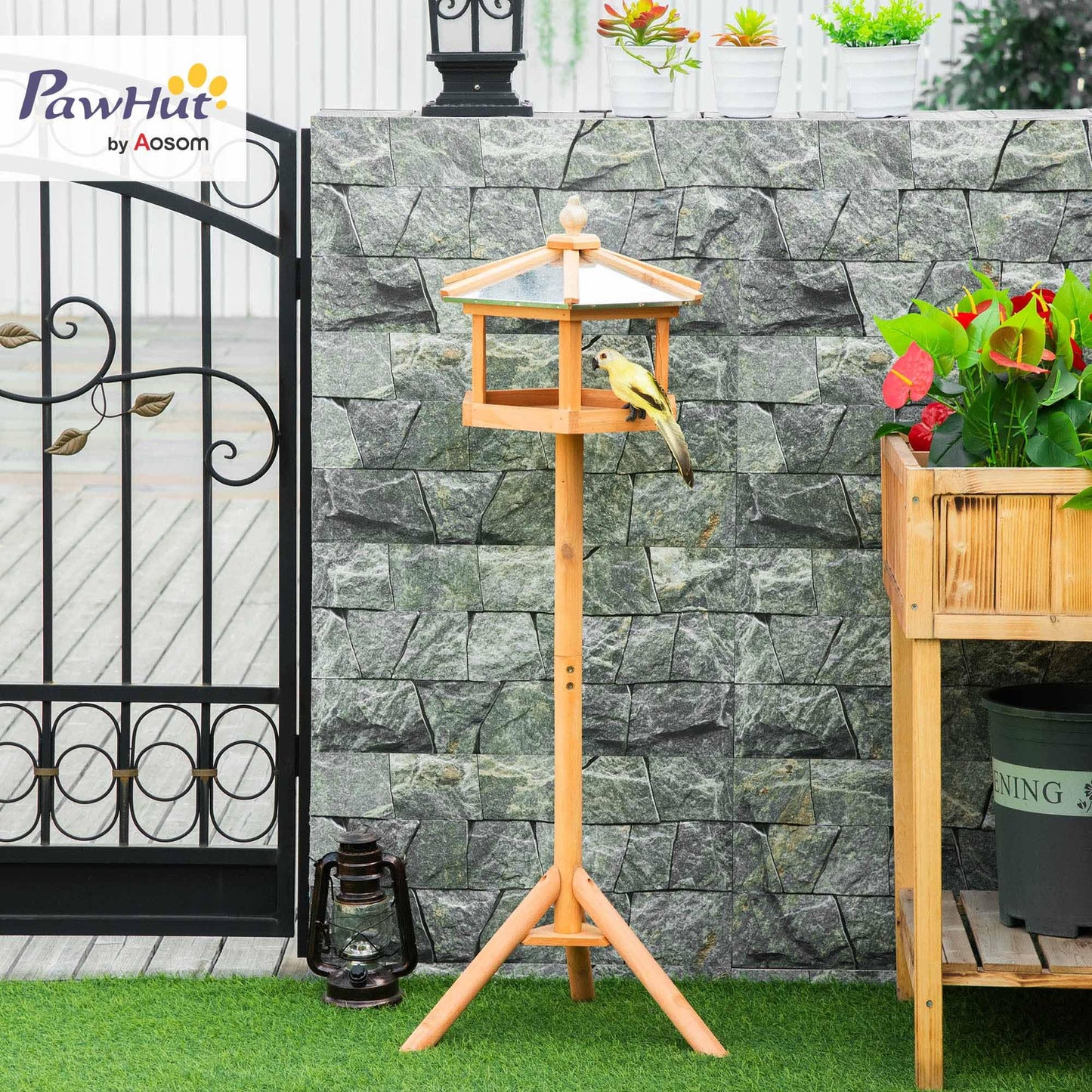 PawHut Wooden Bird Table Free Standing Feeder Garden Sheltered Feeding Station Parrot Stand Birdhouse Φ40x113cm
