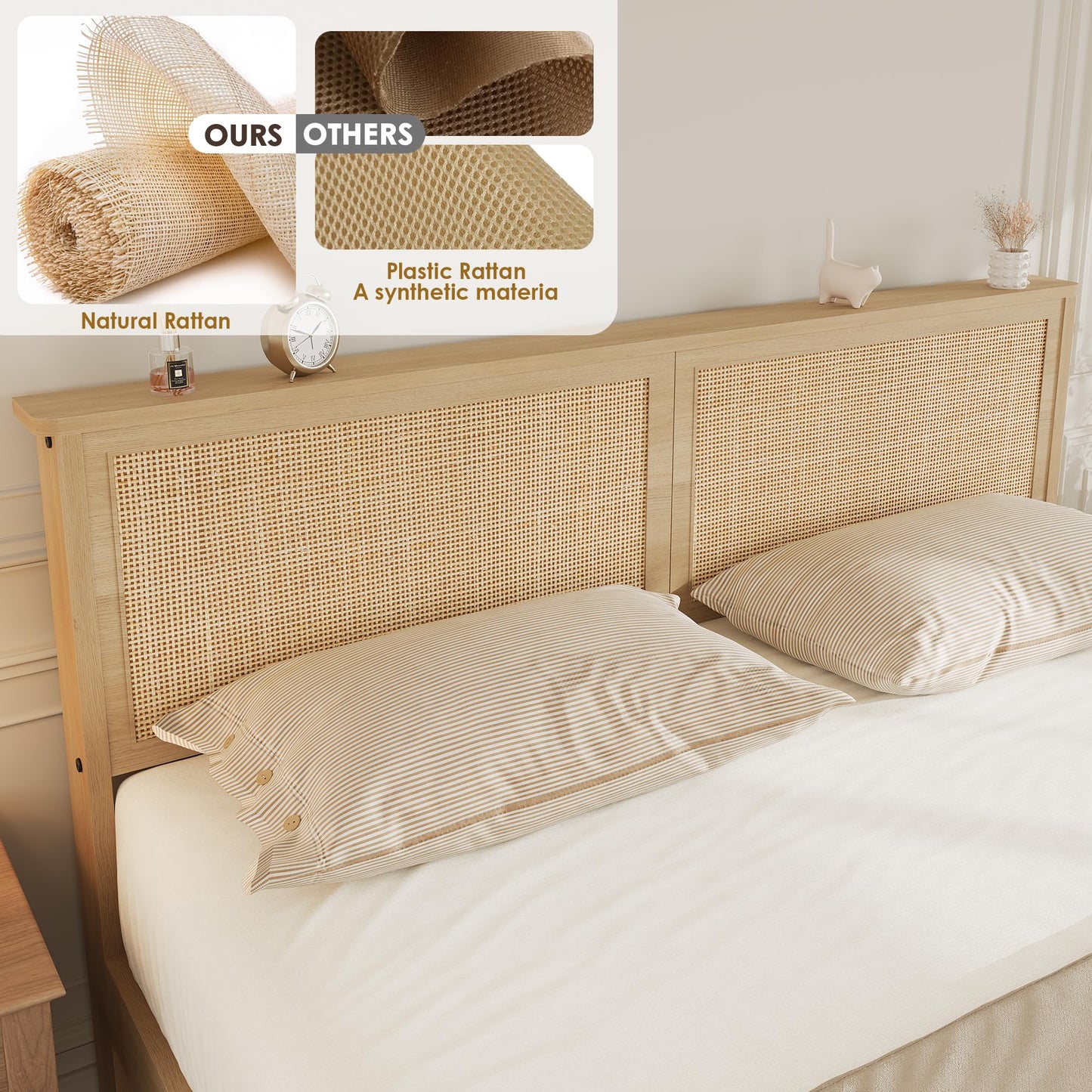 GarveeHome Queen Platform Bed Frame, Queen Size Bed Frame with Natural Rattan Headboard, Cane Bed Frame with 2 Storage Drawers and Strong Wood Slats Support, Noise Free, No Box Spring Needed