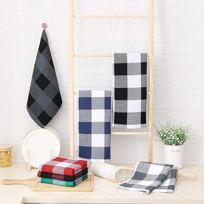 Homaxy 100% Cotton Waffle Weave Check Plaid Kitchen Towels, 13 x 28 Inches