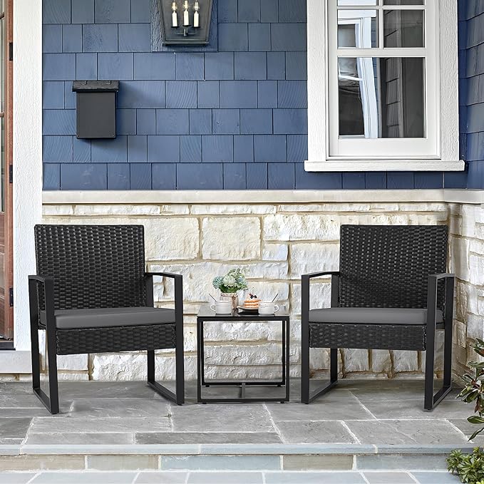Flamaker 3 Pieces Patio Set Outdoor Wicker Furniture Modern Bistro Rattan Chair Conversation Sets with Coffee Table for Yard (Grey)