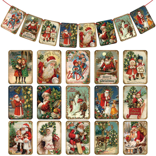 15 Pcs Christmas Vintage Style Hanging Banner Victorian Christmas Ornaments Garland Decorations with Red Ribbon Traditional Xmas Santa Bunting Decor for Home Office Party Fireplace Mantle