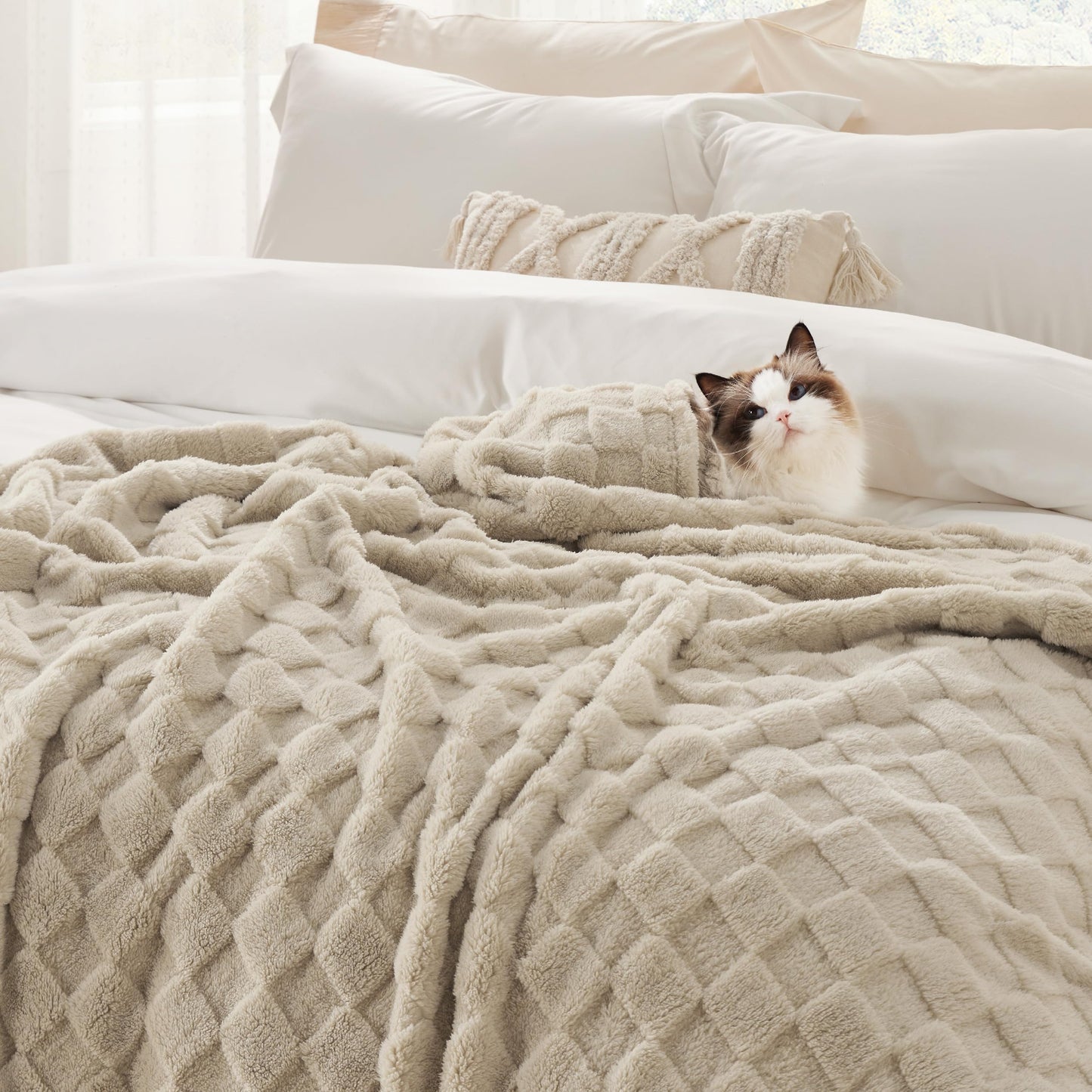 Bedsure Fleece Twin Blanket（White ＆ Beige）