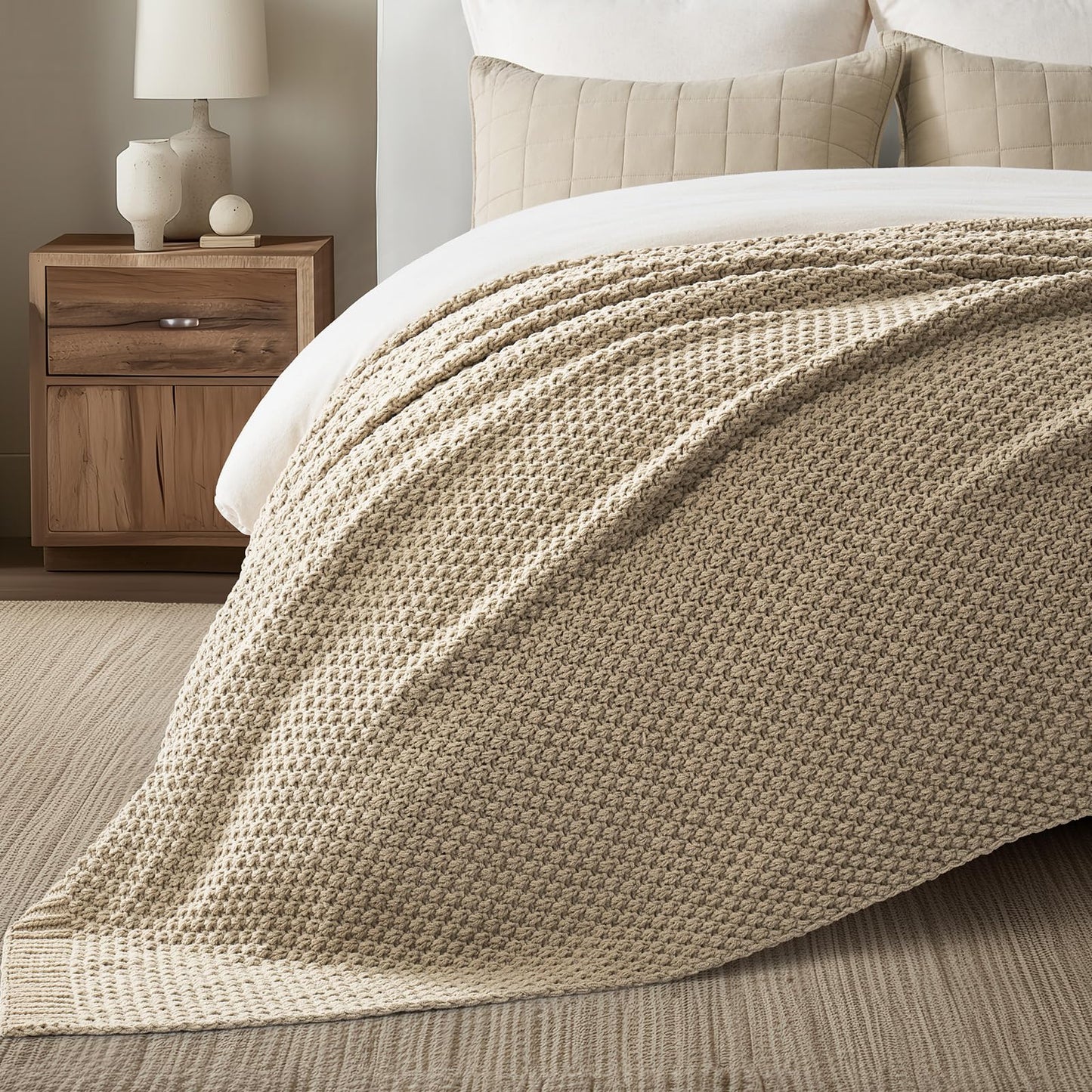EVERGRACEHOME Chunky Chenille Knit Throw Blanket for Couch, Soft Luxurious Oversized Queen Moss Stitch Blanket for Bed, Cozy Farmhouse Knitted Throw for Sofa, Sand Dune, 90" x 90"