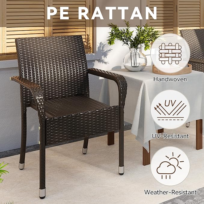Yaheetech Set of 2 Stackable Outdoor Rattan Dining Chairs, All-Weather Armchair w/Armrests, Steel Frame for Garden, Patio, Deck, Yard, Poolside, Brown