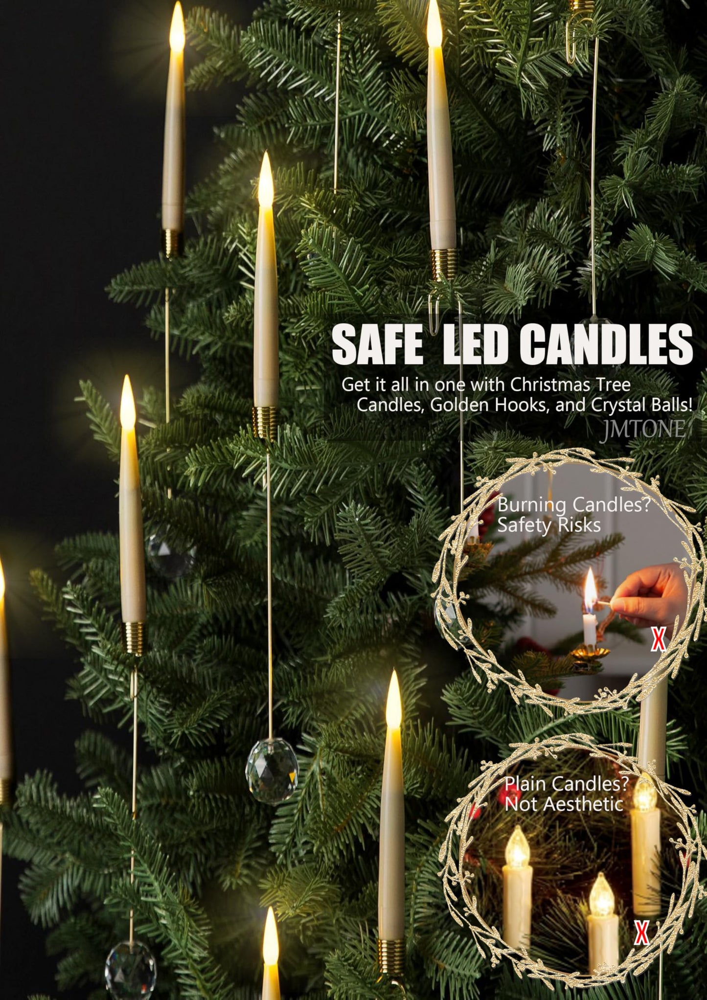 Christmas Tree Candles, 12 Pack Flameless Taper Candles for Christmas Tree Decor, Battery Operated with Remote Flickering LED Candles with Clear Crystal Ball Gold Hook for Xmas Gift Wedding Home Decor