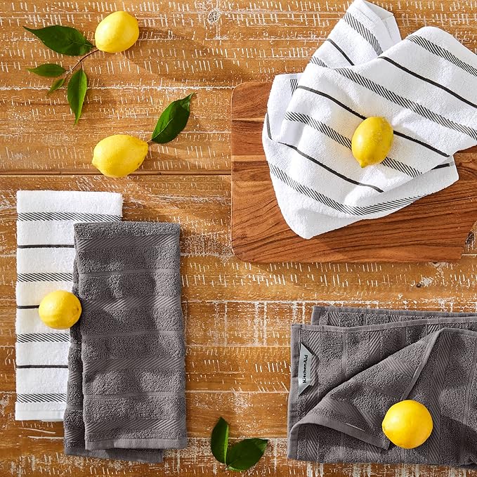 KitchenAid Albany Kitchen Towel 8-Pack Set, Charcoal Grey/White