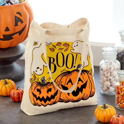 Hallmark 13" Large Halloween Tote Bag (Pumpkins and Ghosts, "Boo!") Reusable Canvas Bag for Trick or Treating, Grocery Shopping and More