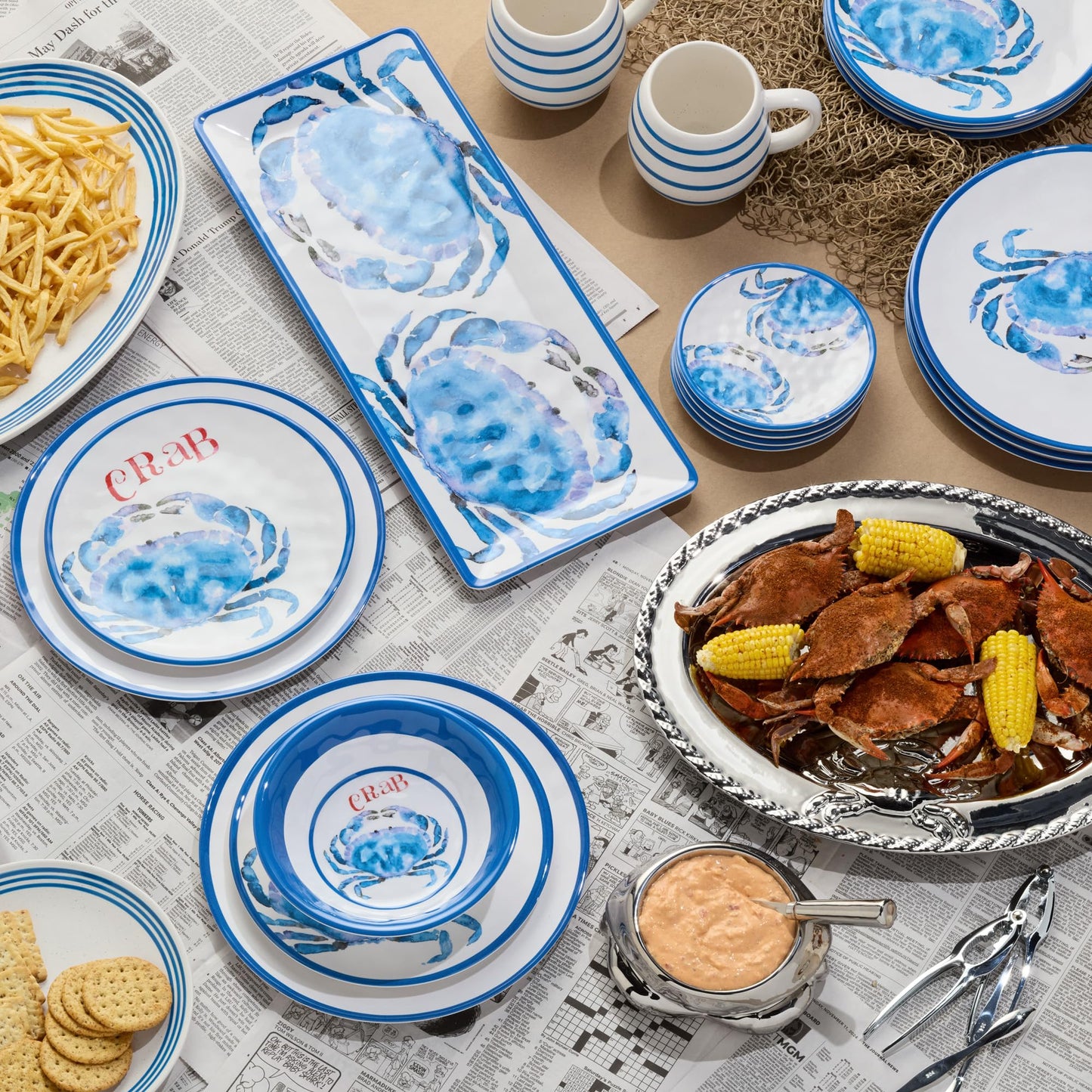 Beach House Crab Melamine 2-Piece Platter Set – Oval & Rectangular Platters, Durable, Shatterproof, Lightweight & Dishwasher-Safe