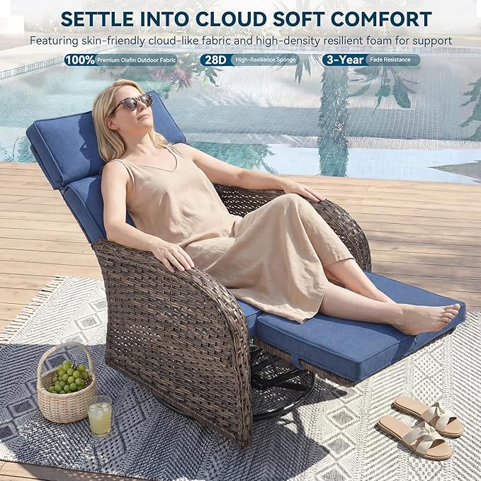 Zero Gravity Patio Swivel Rocking Recliner Chairs Set of 2 - Wicker Outdoor Lounge Chair with Adjustable Backrest & Footrest, All Weather Reclining Rocker Chairs with Thick Cushion for Pool Deck Blue