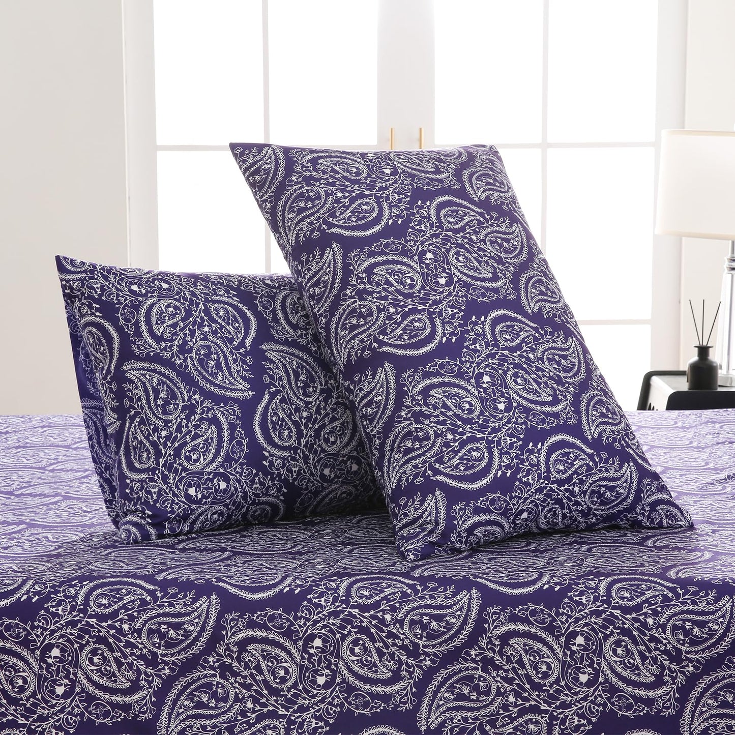 Yibeizi King Size Sheets Set Deep Pocket Purple Paisley Bed Sheet Sets, Floral Printed Soft Microfiber Oeko-Tex Hypoallergenic Sheets & Pillowcases Wrinkle Free Bedsheets