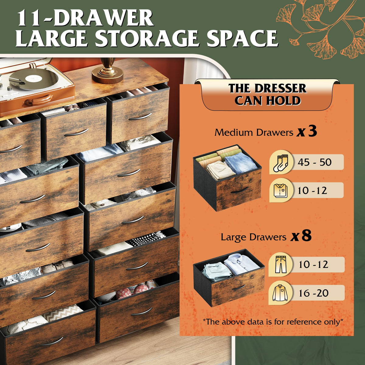 WLIVE Tall Dresser for Bedroom, Fabric Dressers Storage Tower, Dresser & Chest of Drawers Organizer Unit with 11 Drawers, Storage Cabinet, Hallway, Closets, Steel Frame, Wood Top, Rustic Brown