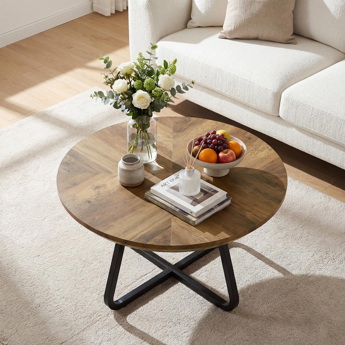 LITTLE TREE 31.5 Inches Round Coffee Table, Modern Wooden Center Table for Living Room, Home Office, Small Space, Easy Assembly, Rustic Brown